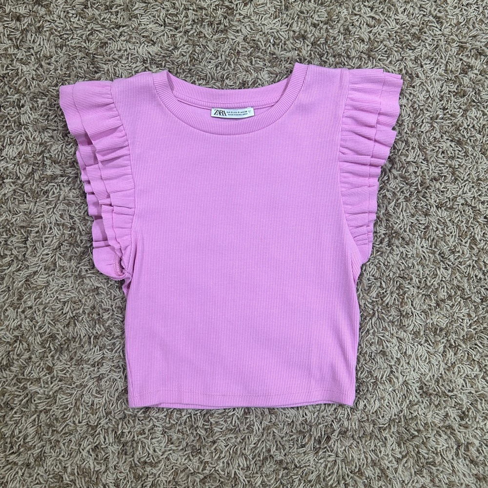 Zara Pink Ruffle Sleeve Ribbed Top Size Small!